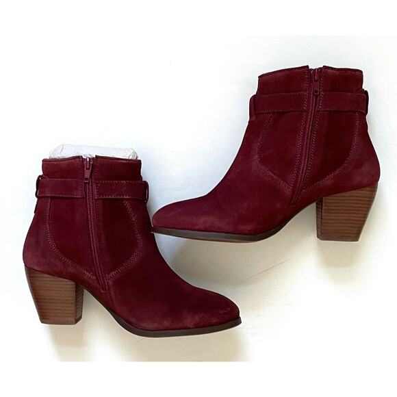 Diba Heeled Genuine Suede Buckle Boots Burgundy Red Size 7 NEW - Picture 6 of 9
